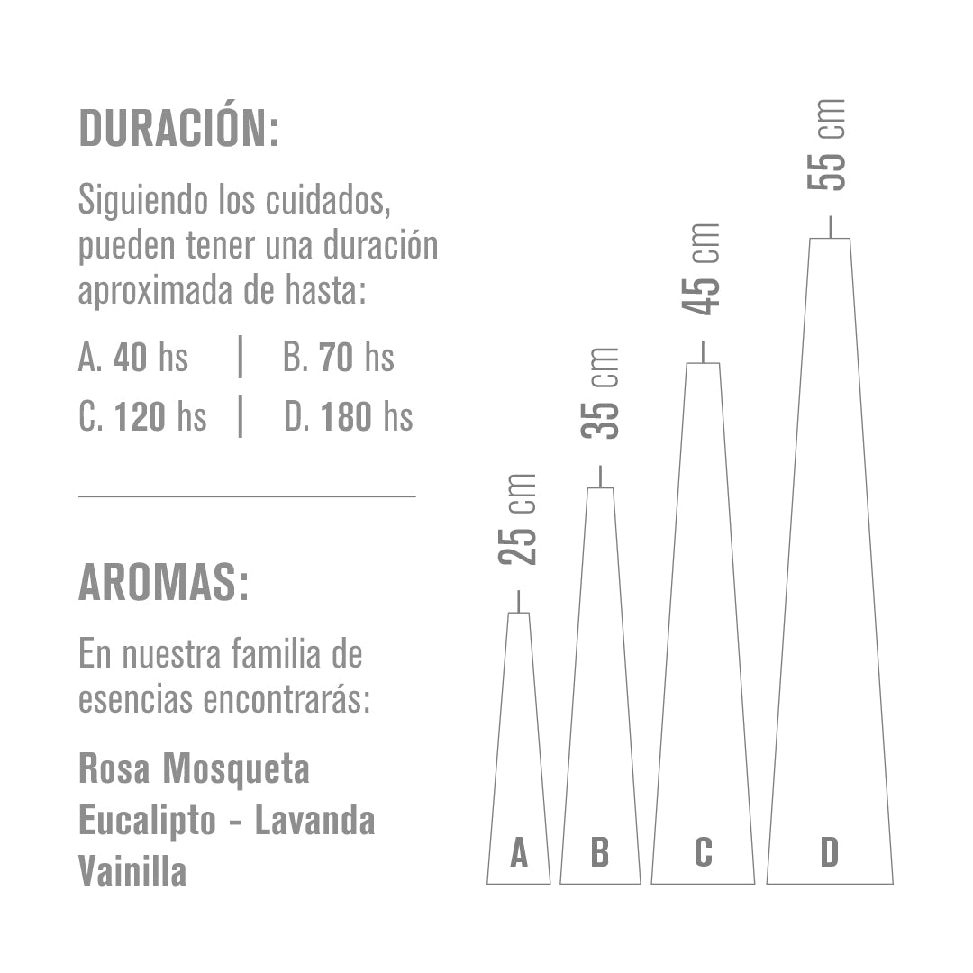 VELA LAS SIETE ESENCIAS  25cm (30hs) 35cm (70hs) 55cm (200hs)